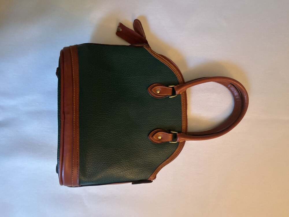 Vintage Dooney & Bourke All-Weather Leather Dome Satchel Bag Green and Tan - Picture 5 of 10